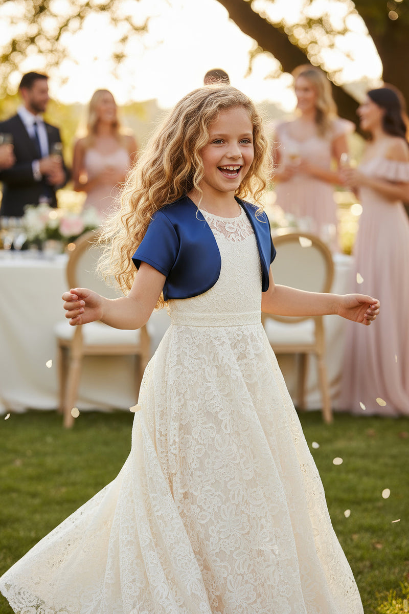 Navy Flower Girl Bolero Ivory Kids Satin Short Sleeve Bolero