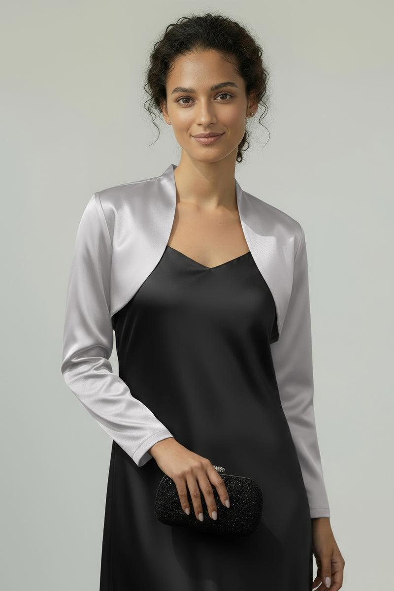 Ladies Jackets Silver Satin Bolero Jacket Satin Long Sleeve Bolero Silver   BlackButterfly