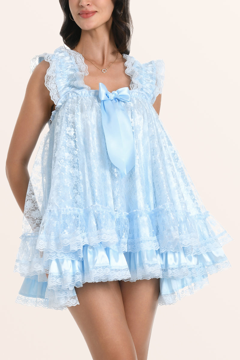 Nuisette féminine en satin et dentelle - Bleu bébé