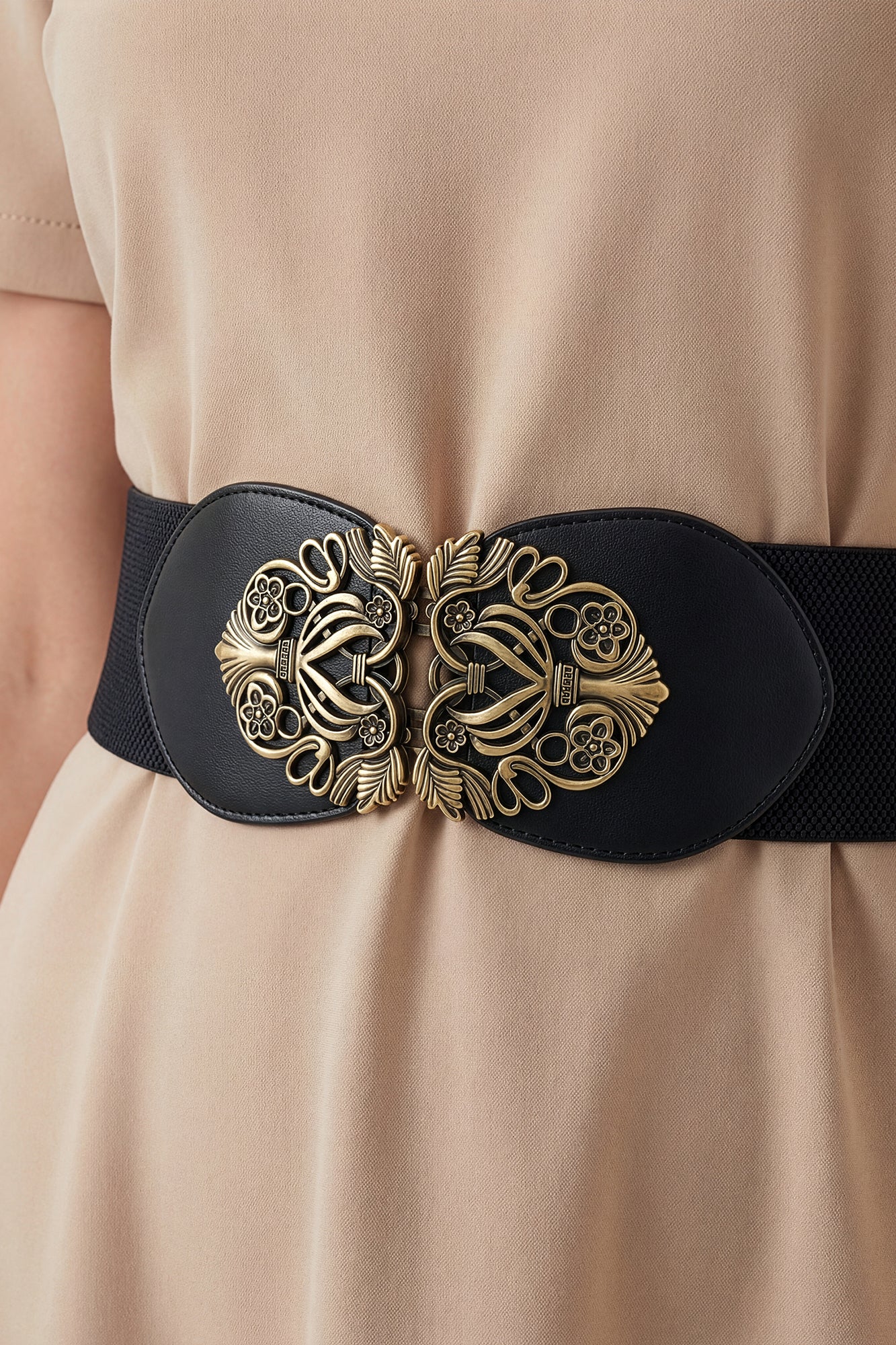 Vtg Black Elastic Stretch Belt Gold Tone Floral Clover Bow Knot Buckle Up To 31\