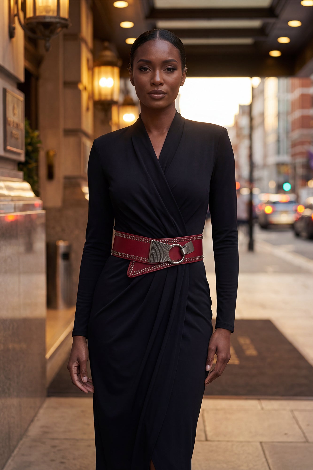red belt for black dress A lovely and tall young Asian woman in a black dress and red belt standing for white background, lifting up her dress on one sid Stock Photo