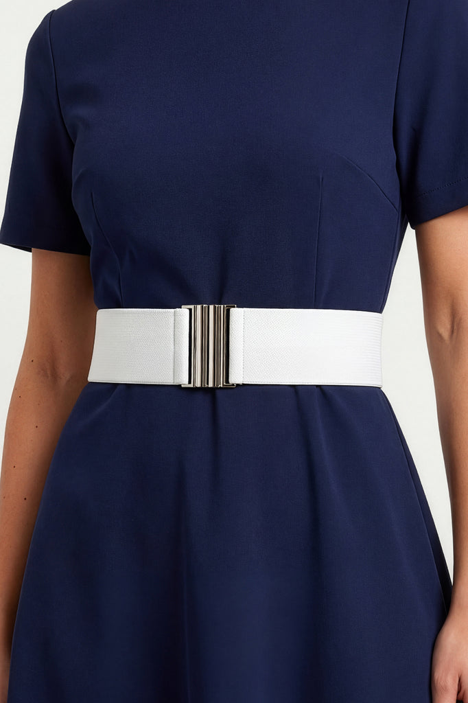 dress blue white belt Women's The Amanda Navy & Light Blue Stripe Cotton Strapless Midi Dress | Size: L