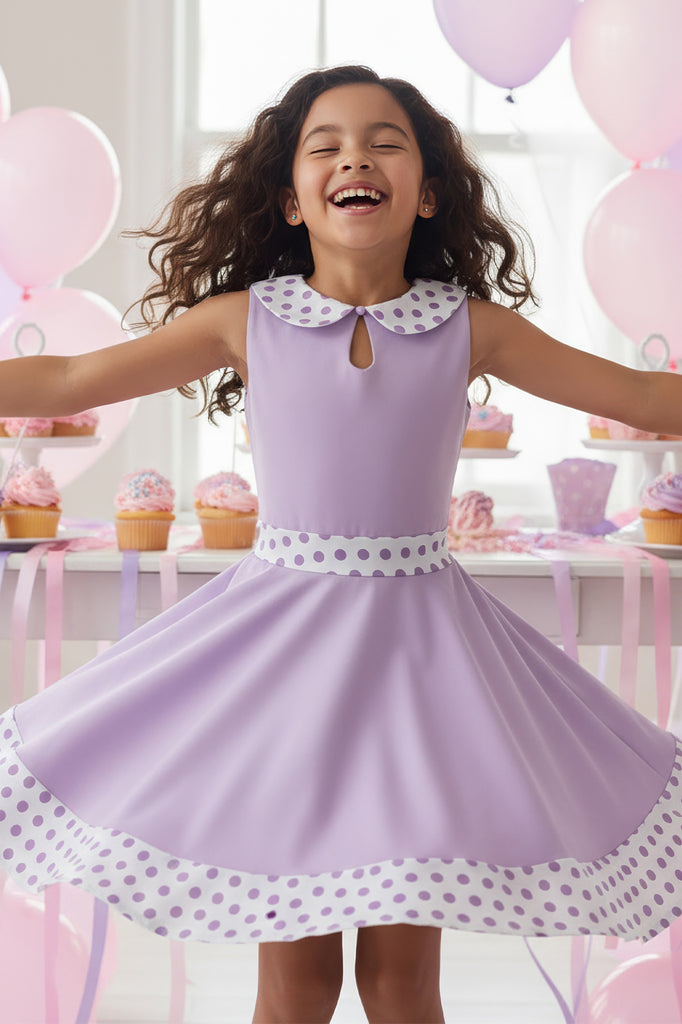 purple dress with black polka dots Llamarada Dress