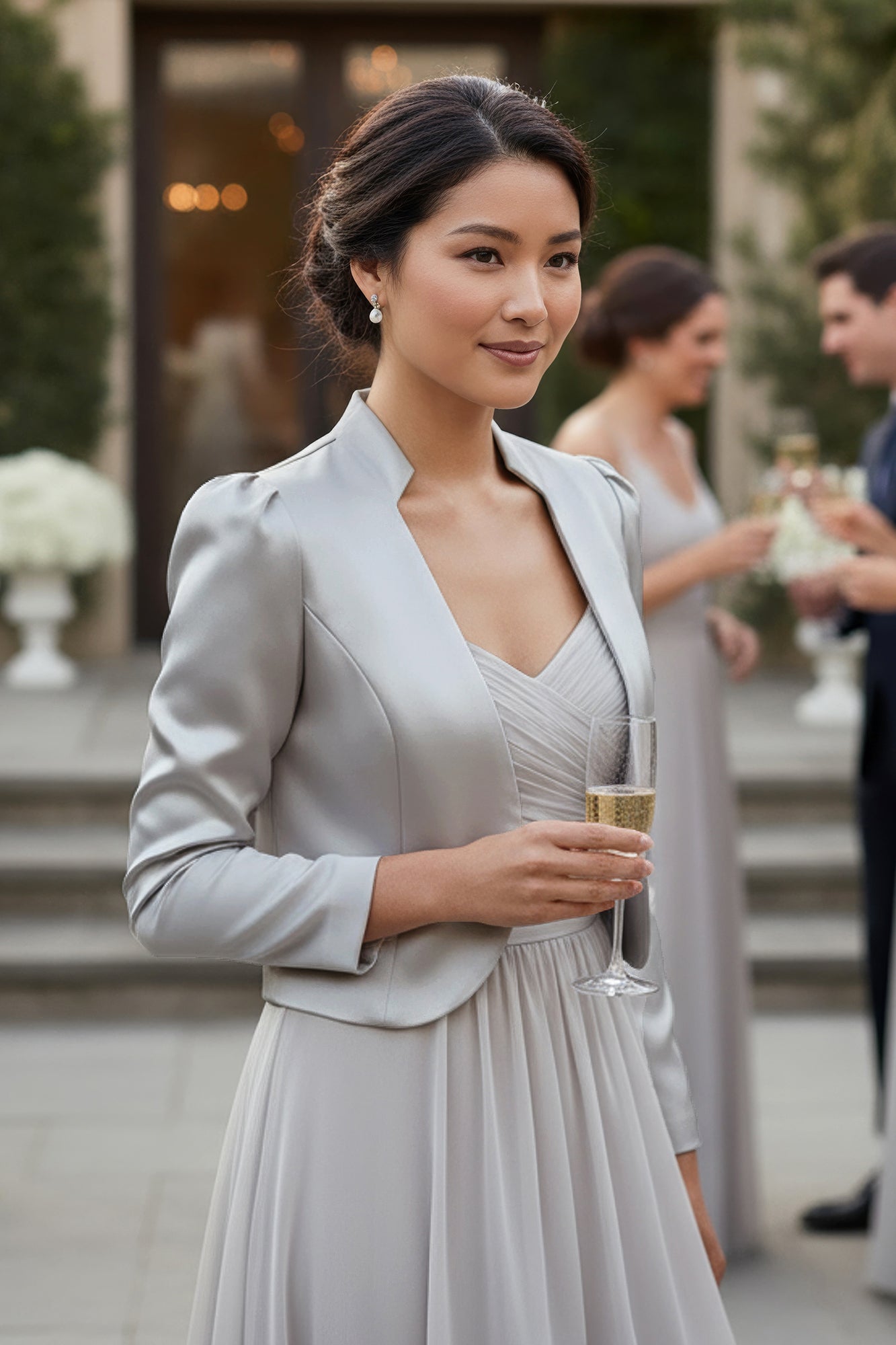 silver shrug for formal dress Silver grey shrug sheer sleeves wrap bolero