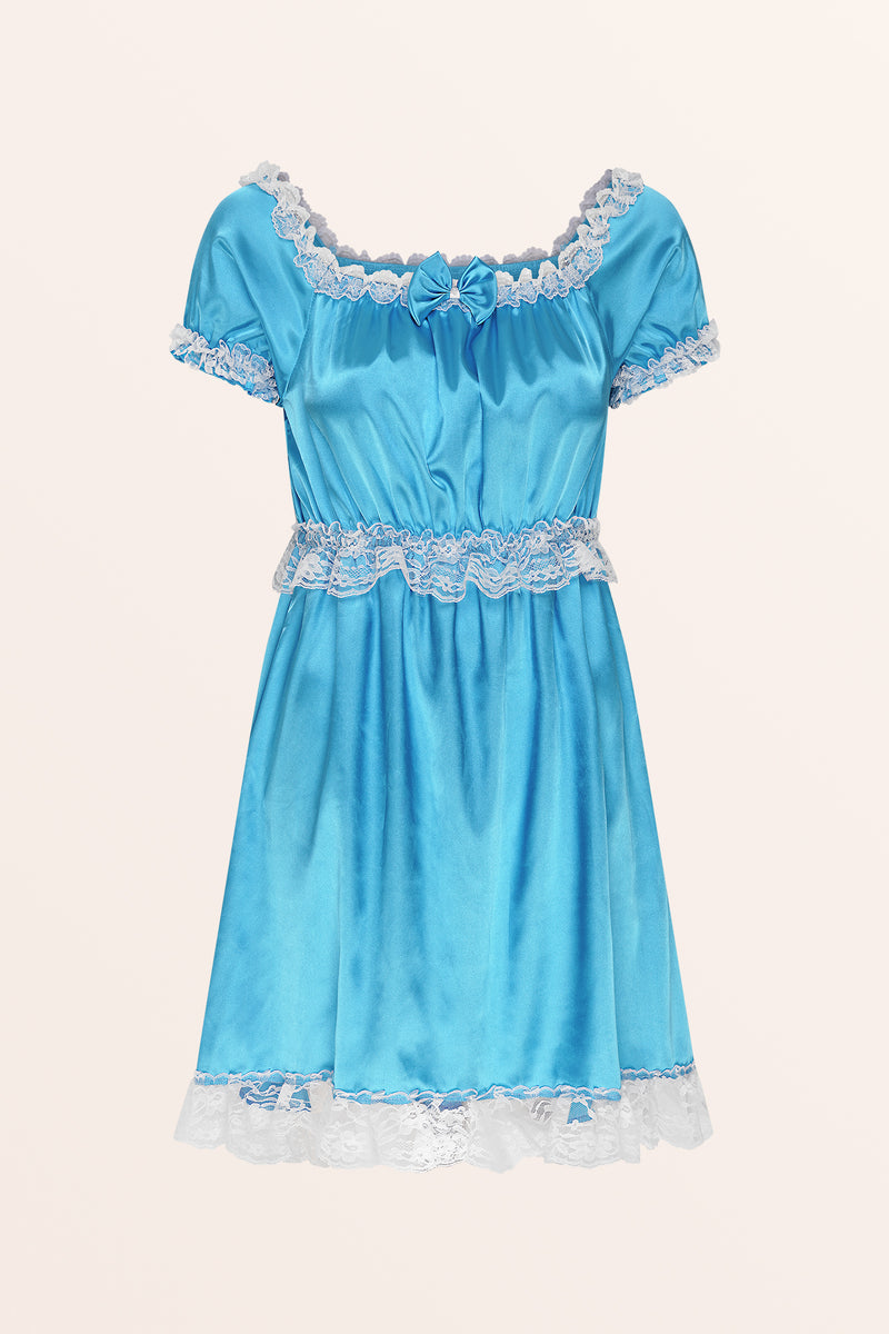 Sissy Satin Lacy Maid Nightdress - Aqua Blue – BlackButterfly
