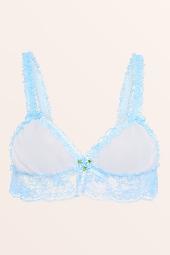 Satini Sissy Frilly Lace Fitted Satin Bralette (Aqua Blue - Polka Dots, S)  : : Fashion