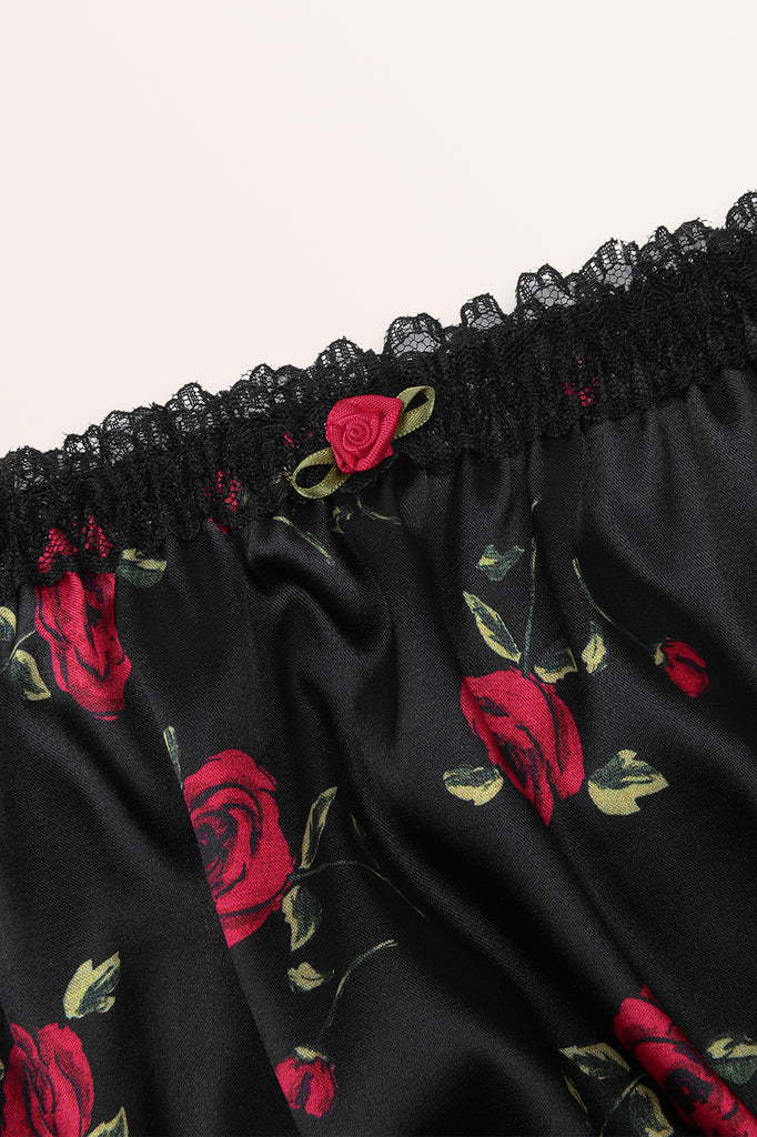 Satin Frilly Lace French Knickers - Black Red Roses – BlackButterfly
