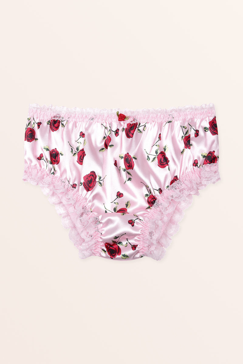 Satin Frilly Lace French Knickers - Pink Red Roses – BlackButterfly