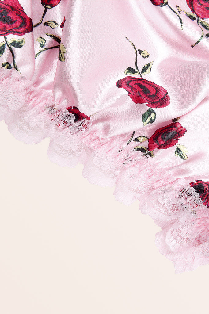Satin Frilly Lace French Knickers - Pink Red Roses – BlackButterfly