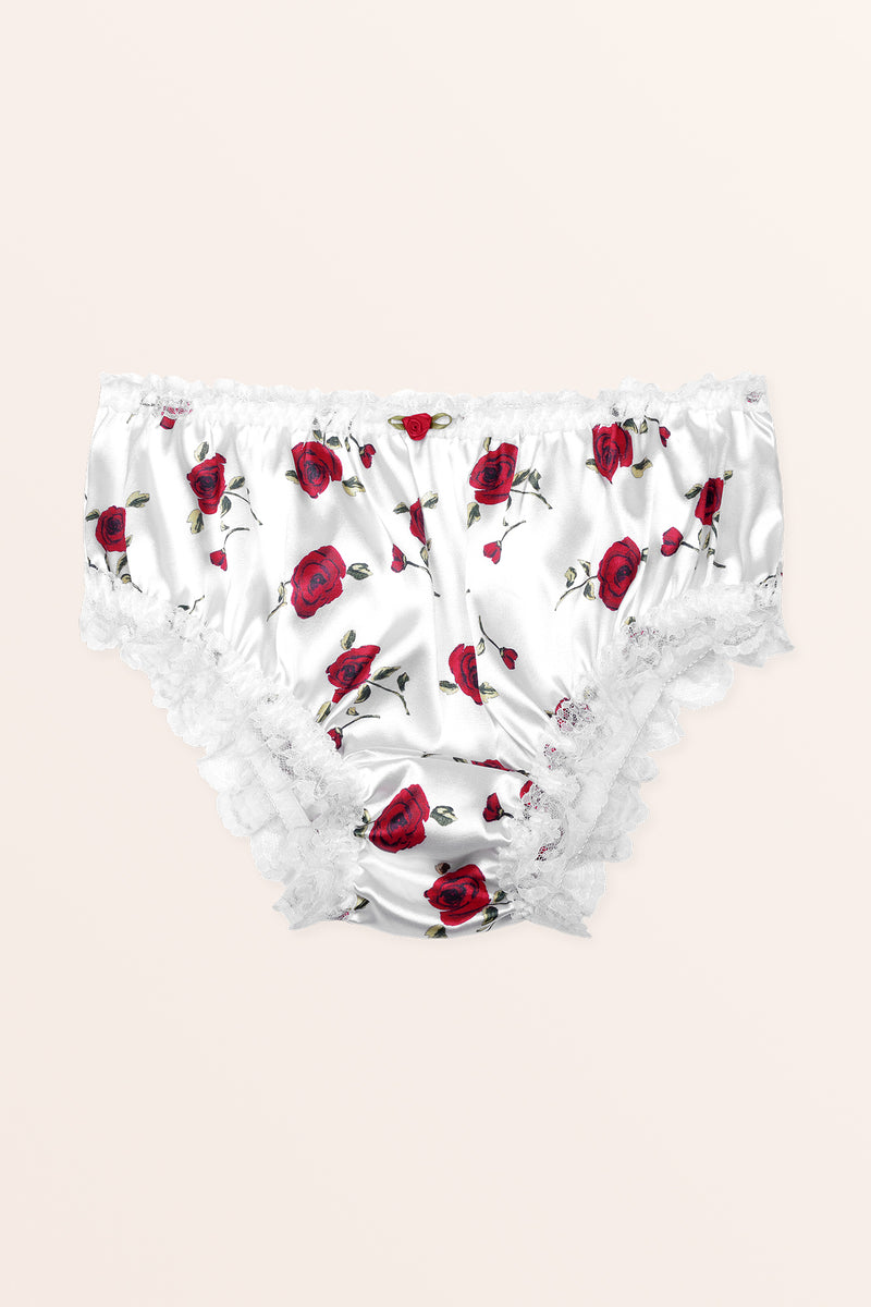 Satin Frilly Lace French Knickers - White Red Roses – BlackButterfly