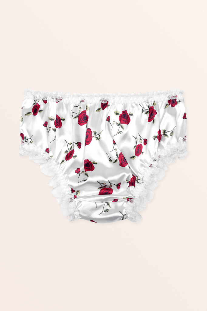 Satin Frilly Lace French Knickers - White Red Roses – BlackButterfly