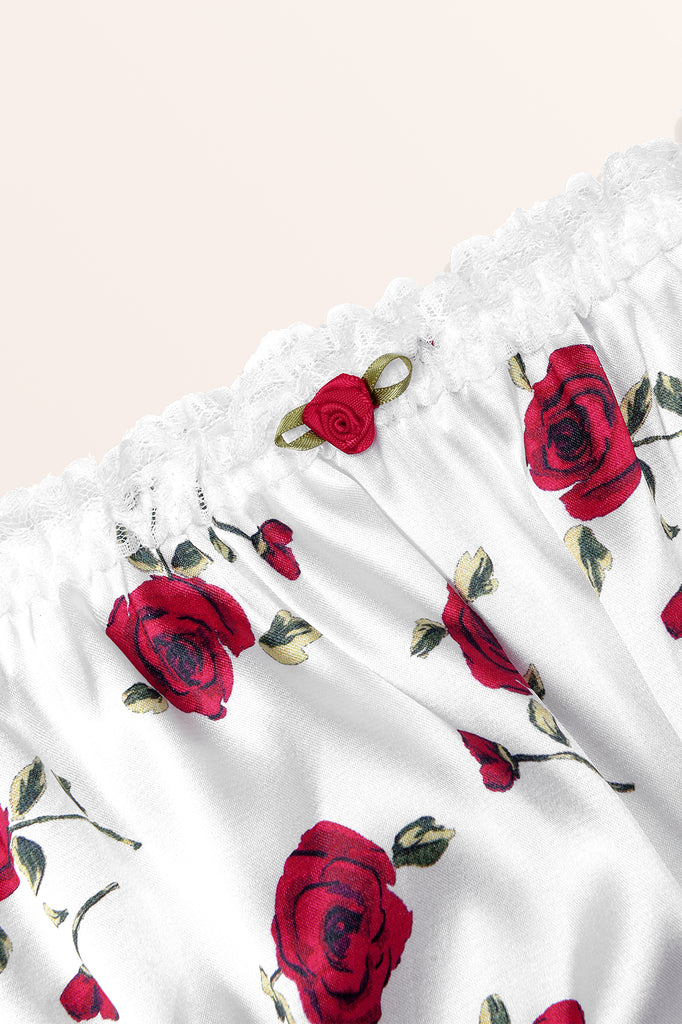Satin Frilly Lace French Knickers - White Red Roses – BlackButterfly