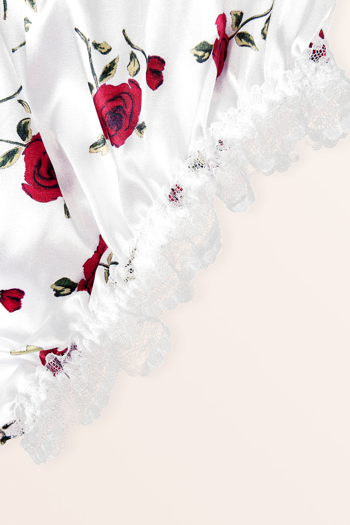 Satin Frilly Lace French Knickers - White Red Roses – BlackButterfly